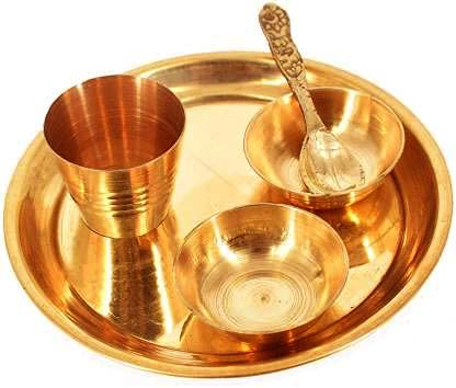 Pujahome Pure Brass Pooja Bhog Thali/Plate Set for Home Temple Decor Brass set of 5 pcs (1 pcs pooja plate,1 pcs spoon,2 pcs katori, 1 pcs glass)(5x5 inch)