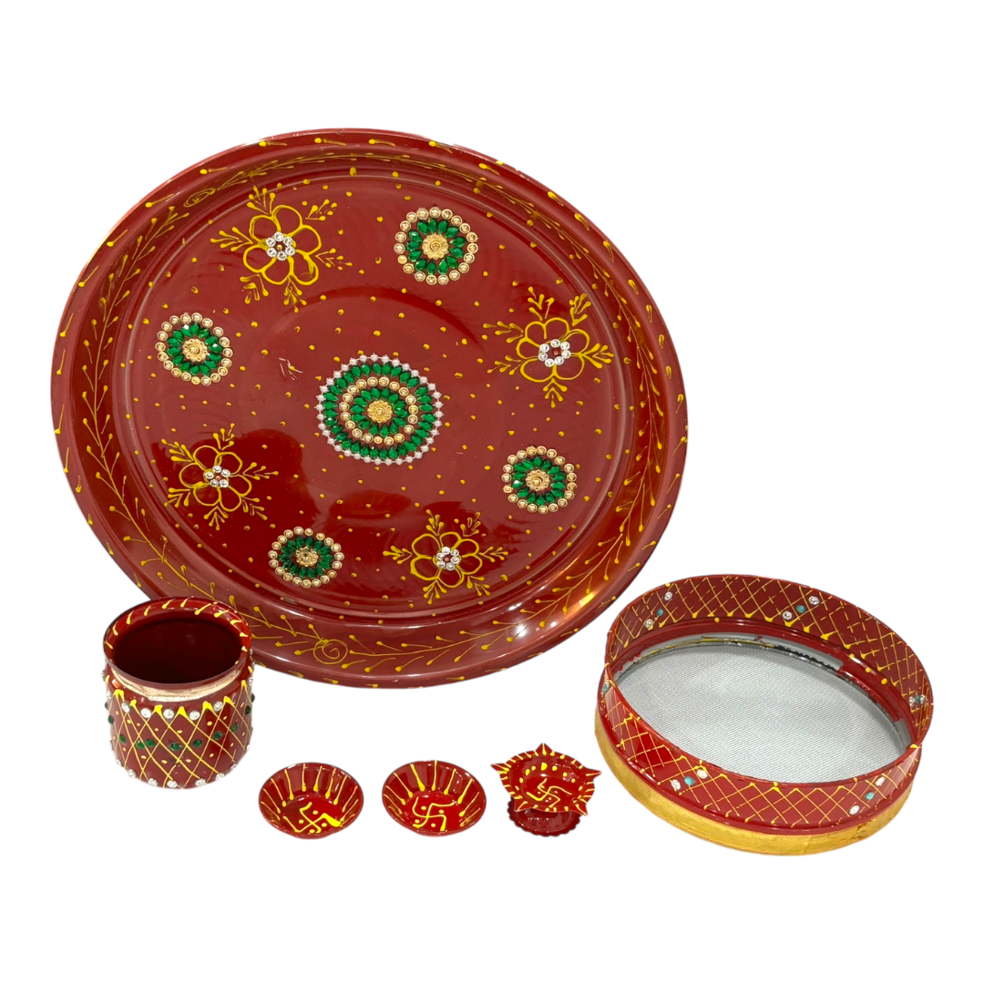 Pujahome Handmade Karwa Chauth Pooja Thali Set | Stainless Steel Thali | Kalash, Diya, and Bowls | Channi (Moti Work Design)