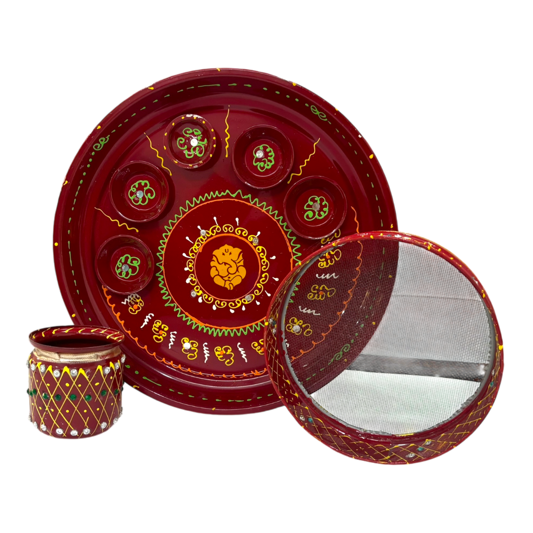 Pujahome Handmade Karwa Chauth Pooja Thali Set | Stainless Steel Thali | Kalash, Diya, and Bowls | Channi (Ganesh Ji Printed)