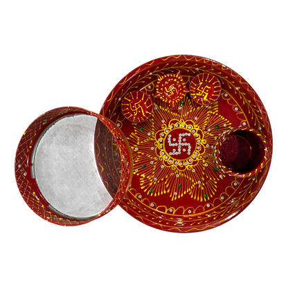 Pujahome Handmade Karwa Chauth Pooja Thali Set | Stainless Steel Thali | Kalash, Diya, and Bowls | Channi (Satiya Design)