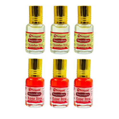 Pujahome Sugandhya Rose and Chandan Itra Combo For Puja 5ML (Pack of 6)