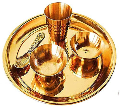 Pujahome Pure Brass Pooja Bhog Thali/Plate Set for Home Temple Decor Brass set of 5 pcs (1 pcs pooja plate,1 pcs spoon,2 pcs katori, 1 pcs glass)(5x5 inch)