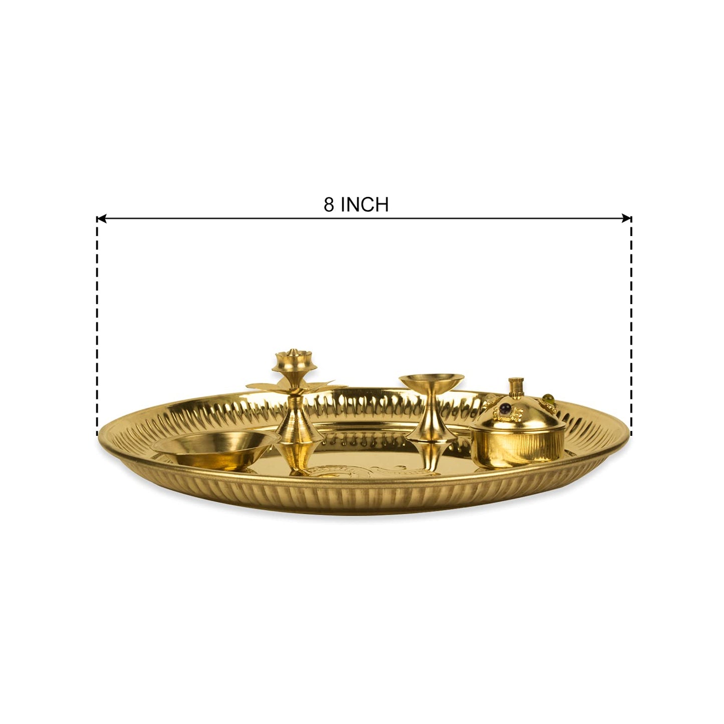 Pujahome Om Engraved Puja Thali Set with Agarbatti Holder, Aarti Diya, Akshat Holder and Kumkum Holder (8 Inch, Gold)