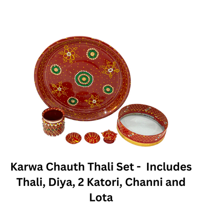 Pujahome Handmade Karwa Chauth Pooja Thali Set | Stainless Steel Thali | Kalash, Diya, and Bowls | Channi (Moti Work Design)