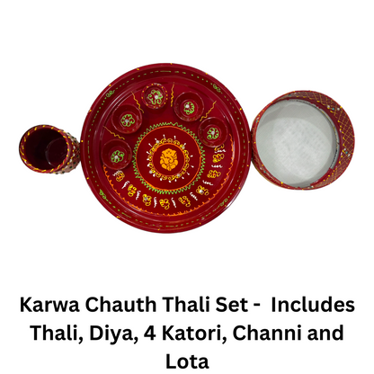 Pujahome Handmade Karwa Chauth Pooja Thali Set | Stainless Steel Thali | Kalash, Diya, and Bowls | Channi (Ganesh Ji Printed)