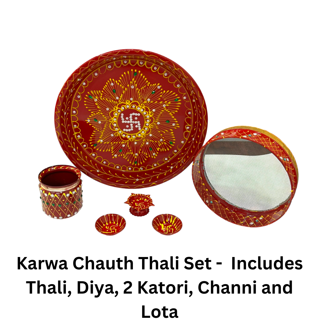 Pujahome Handmade Karwa Chauth Pooja Thali Set | Stainless Steel Thali | Kalash, Diya, and Bowls | Channi (Satiya Design)