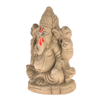 Pujahome Mitti Ganesh Idol | Eco-Friendly Mud/Clay 4 Bhuja Mukut Ganesh Murti | (4x3 Inches)