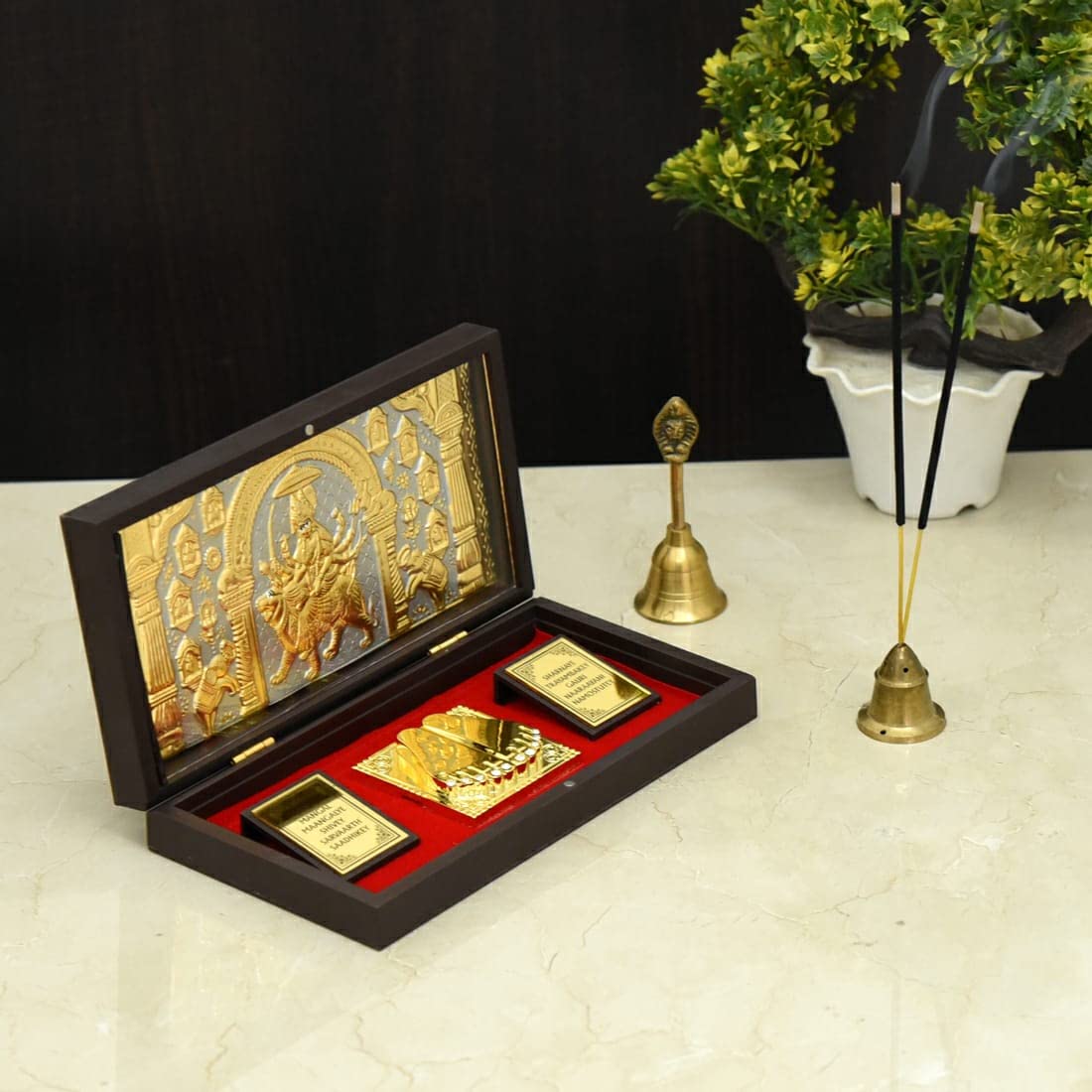 Pujahome Gold Plated Jai Mata Di Charan Paduka Box With Footprint