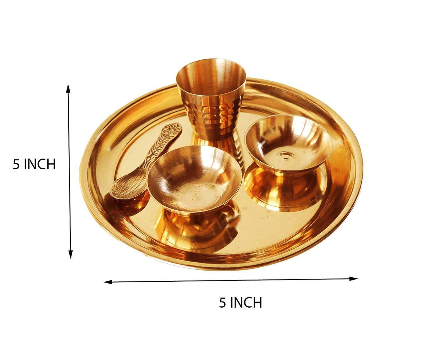 Pujahome Pure Brass Pooja Bhog Thali/Plate Set for Home Temple Decor Brass set of 5 pcs (1 pcs pooja plate,1 pcs spoon,2 pcs katori, 1 pcs glass)(5x5 inch)