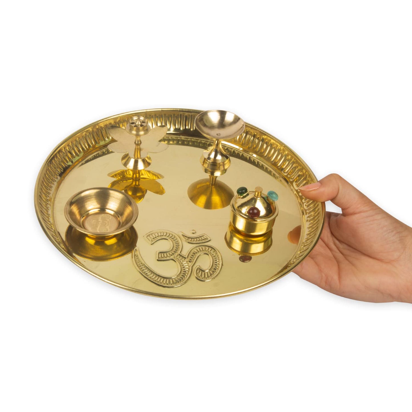 Pujahome Om Engraved Puja Thali Set with Agarbatti Holder, Aarti Diya, Akshat Holder and Kumkum Holder (8 Inch, Gold)