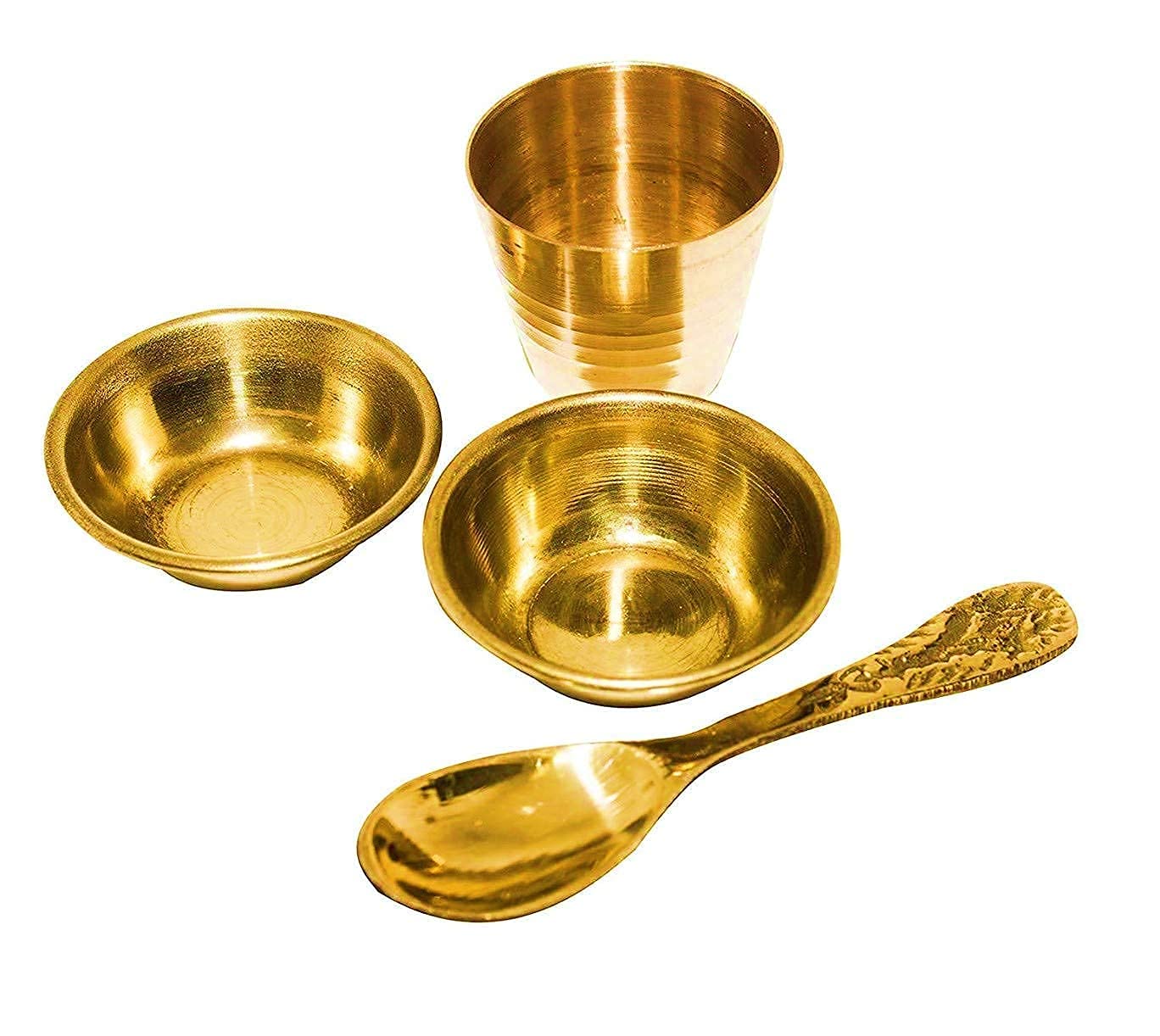 Pujahome Pure Brass Pooja Bhog Thali/Plate Set for Home Temple Decor Brass set of 5 pcs (1 pcs pooja plate,1 pcs spoon,2 pcs katori, 1 pcs glass)(5x5 inch)