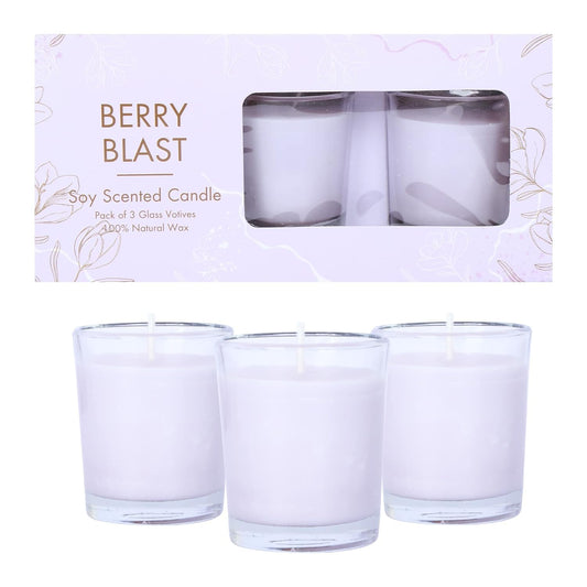 Pujahome cented Votive Glass Candles Set of 3, 100% Natural Soy Wax (Berry Blast)