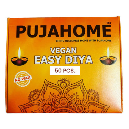 Pujahome Vegan Diya Wicks (50 Pieces - Yellow) 30min Burning Time, Wax Free | Vegan Diya Batti for Puja
