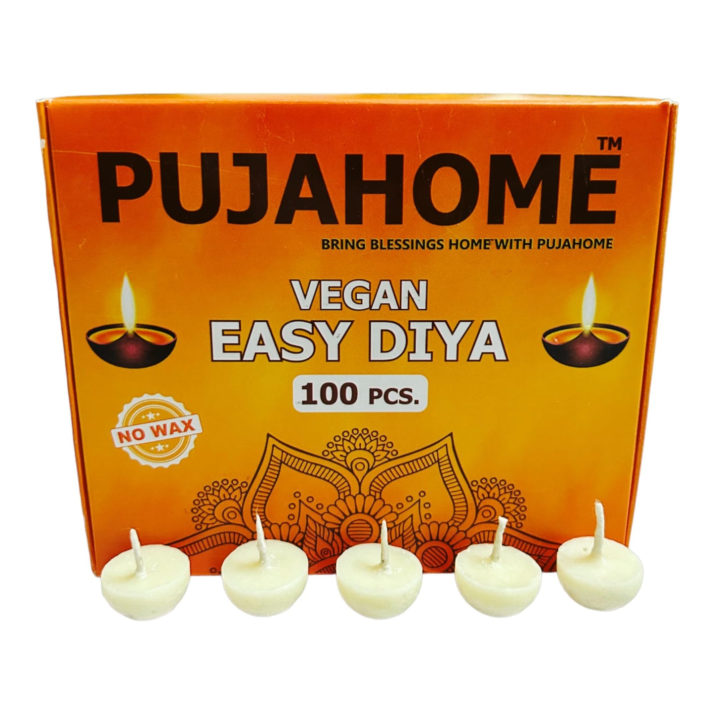 Pujahome Ghee Diya Wicks (100 Pieces - White) 30min Burning Time, Wax Free Vegan Easy Diya