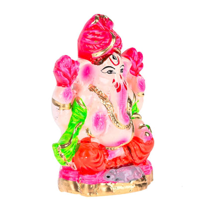 Pujahome Mitti Ganesh Idol | Eco-Friendly Mud/Clay 4 Bhuja Painted Colorful Ganesh Murti(4x3 Inches)