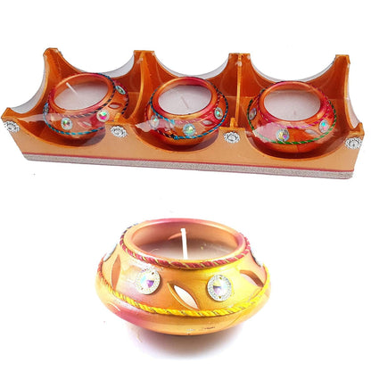 Pujahome Set of 3 Wax Filled Big Matka Shape Decorated Terracotta Handmade Traditional Clay Mitti Diya Candle Pooja Diya for Diwali, Navratri Pooja Diya for Diwali Decoration