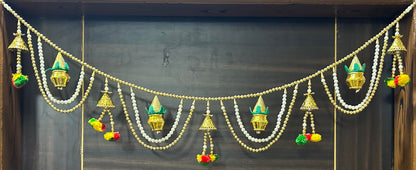 Pujahome Golden Kalash and Bell with Plastic Beads Moti Fancy,Handmade Door Hanging/Bandarwal/Toran for Door, Traditional Bandarwal for Door, Multicolor