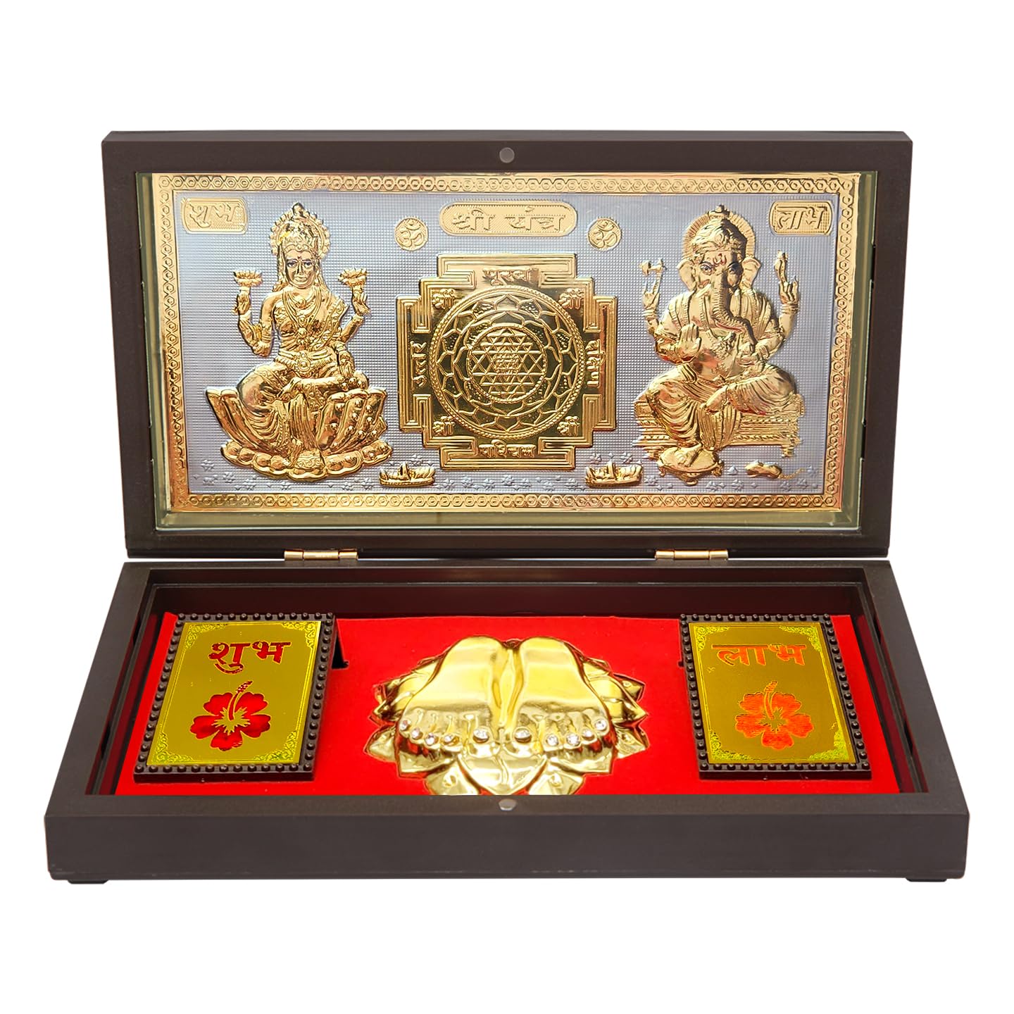 Pujahome 24Karat Gold Plated Laxmi Ganesh Sarswati God Idol with Charan Paduka (13h X 21w X 11.5l Centimeters)