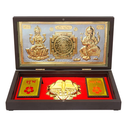 Pujahome 24Karat Gold Plated Laxmi Ganesh Sarswati God Idol with Charan Paduka (13h X 21w X 11.5l Centimeters)