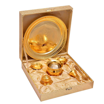 Pujahome Gold Plated Brass Pooja Thali Golden Colour with Golden Box (7 PEC. Golden)