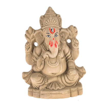 Pujahome Mitti Ganesh Idol | Eco-Friendly Mud/Clay 4 Bhuja Mukut Ganesh Murti | (4x3 Inches)