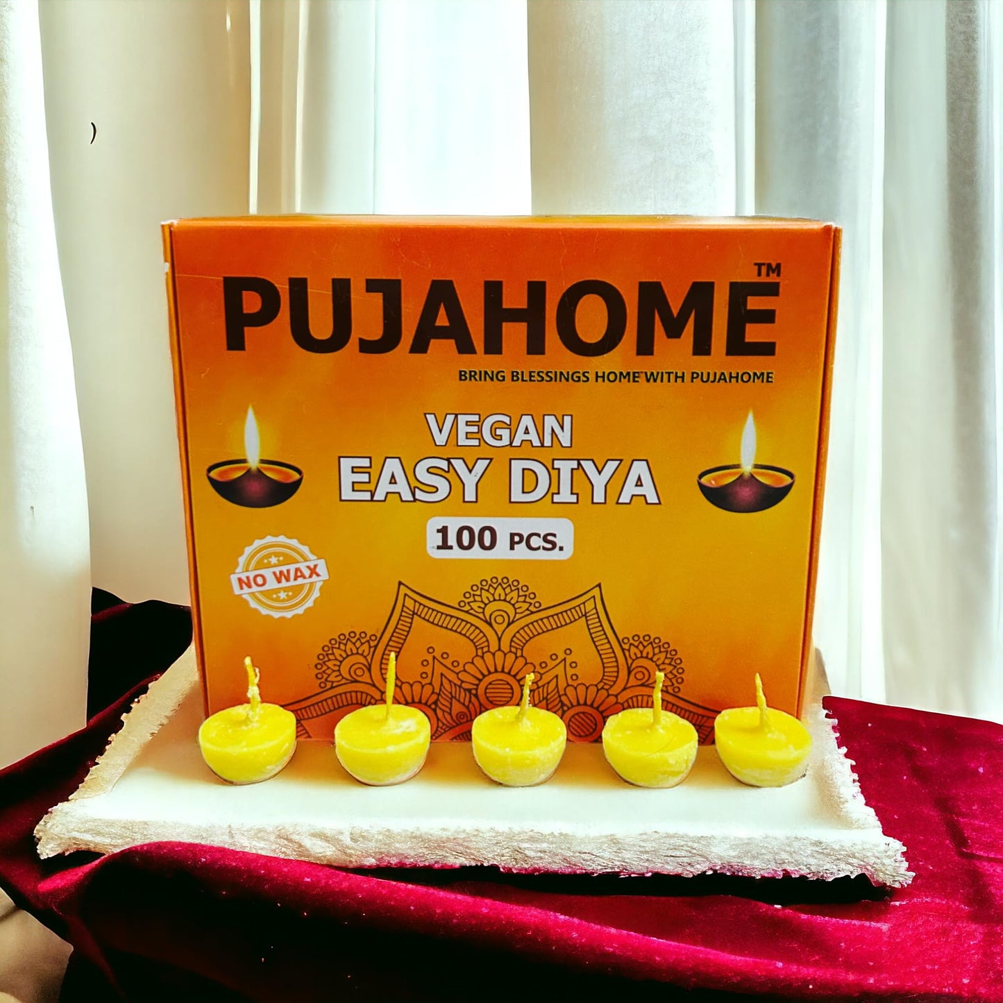 Pujahome Ghee Diya Wicks (100 Pieces - Yellow) 30min Burning Time, Wax Free Vegan Easy Diya