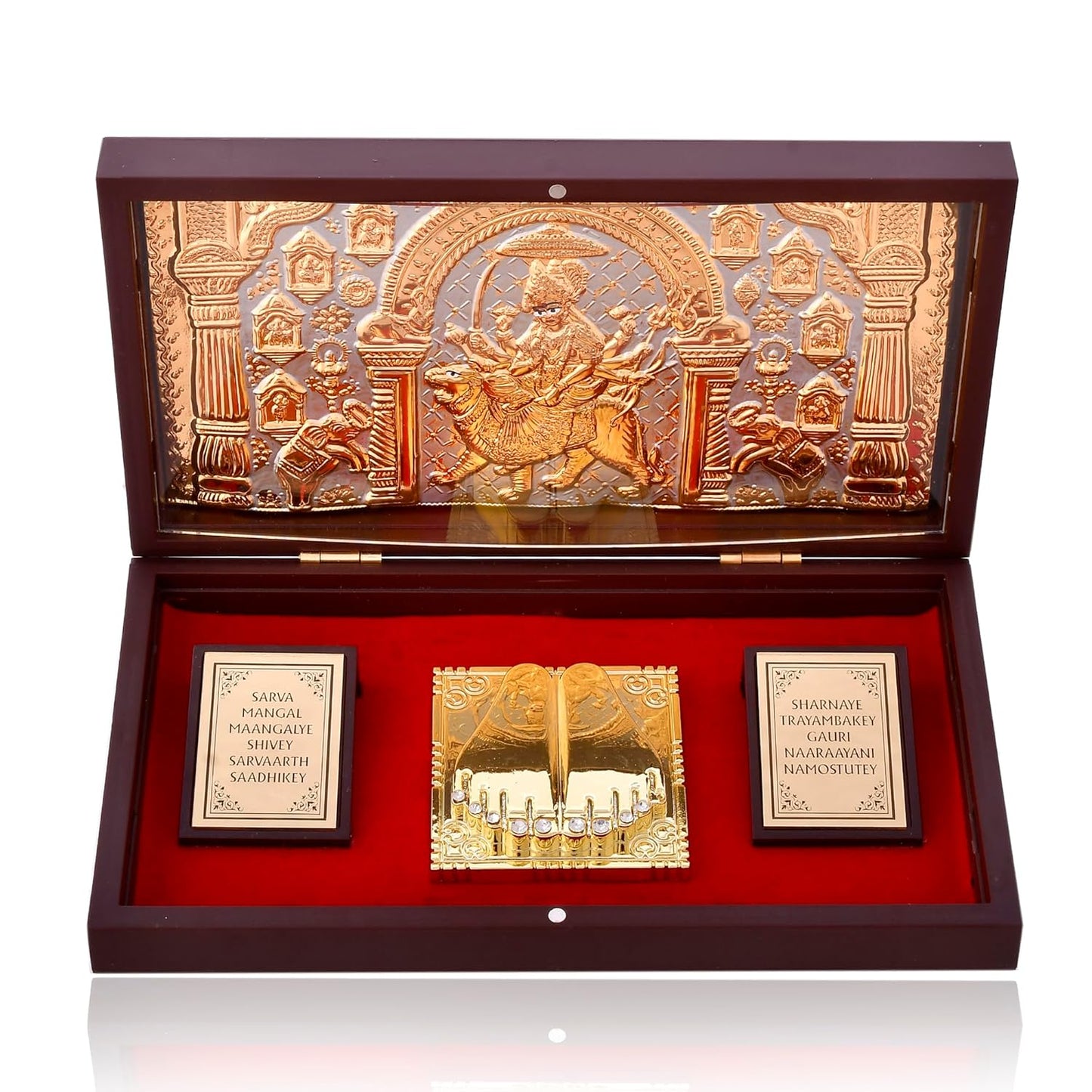 Pujahome Gold Plated Jai Mata Di Charan Paduka Box With Footprint