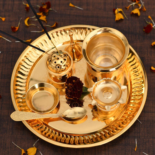 Pujahome Gold Plated Brass Pooja Thali Golden Colour with Golden Box (7 PEC. Golden)