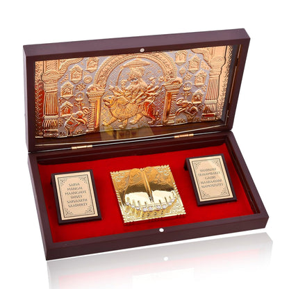 Pujahome Gold Plated Jai Mata Di Charan Paduka Box With Footprint