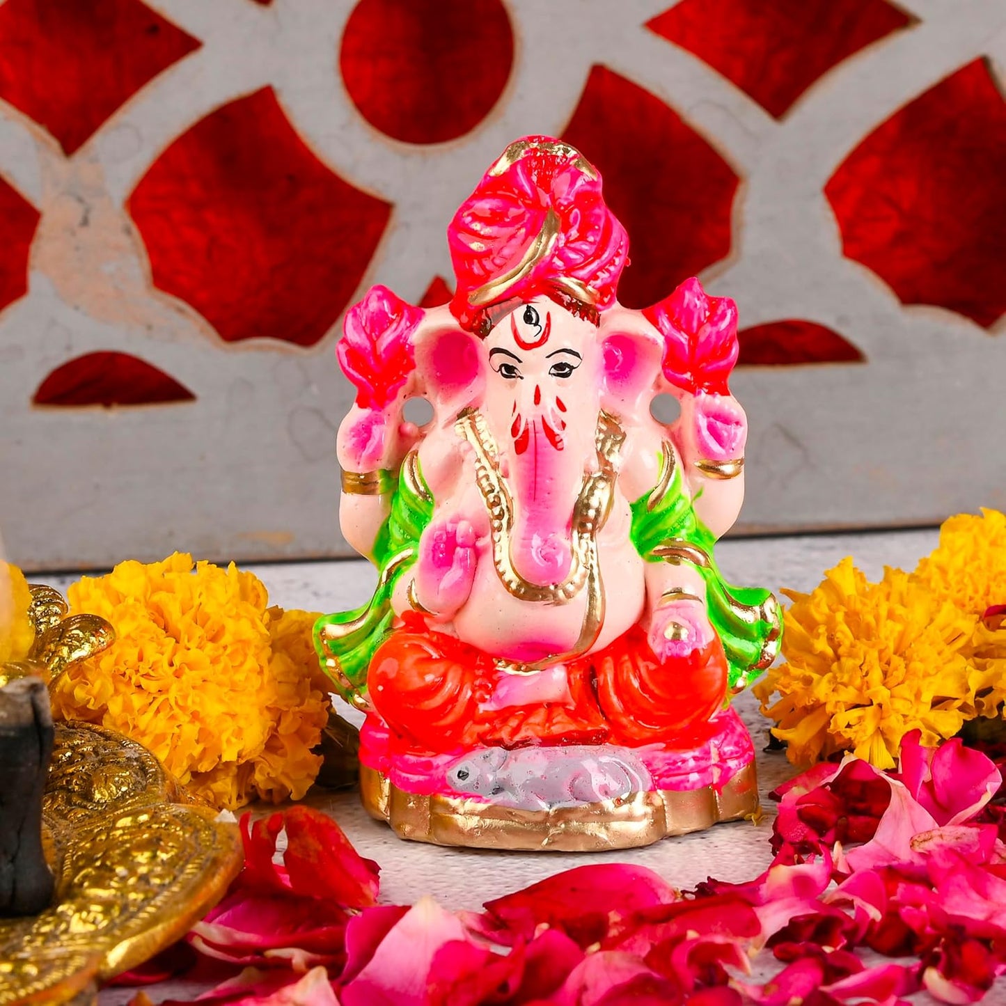 Pujahome Mitti Ganesh Idol | Eco-Friendly Mud/Clay 4 Bhuja Painted Colorful Ganesh Murti(4x3 Inches)