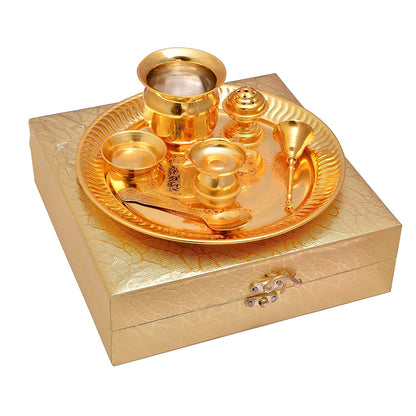 Pujahome Gold Plated Brass Pooja Thali Golden Colour with Golden Box (7 PEC. Golden)