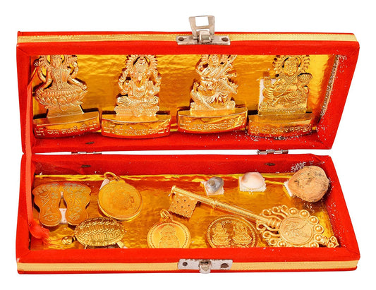 Pujahome Brass Shree Dhan Laxmi Kuber Bhandari Yantra Sarv Samriddhi Yantra Box (Golden)