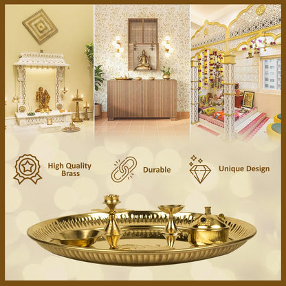 Pujahome Om Engraved Puja Thali Set with Agarbatti Holder, Aarti Diya, Akshat Holder and Kumkum Holder (8 Inch, Gold)