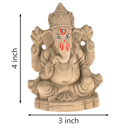 Pujahome Mitti Ganesh Idol | Eco-Friendly Mud/Clay 4 Bhuja Mukut Ganesh Murti | (4x3 Inches)