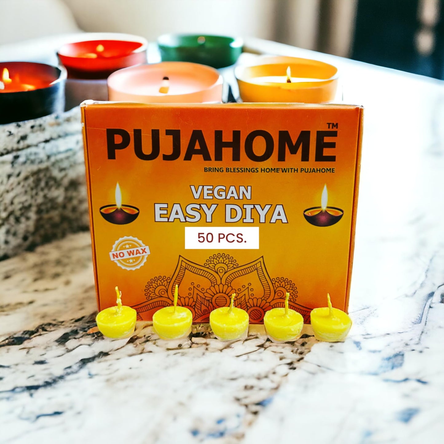 Pujahome Vegan Diya Wicks (50 Pieces - Yellow) 30min Burning Time, Wax Free | Vegan Diya Batti for Puja