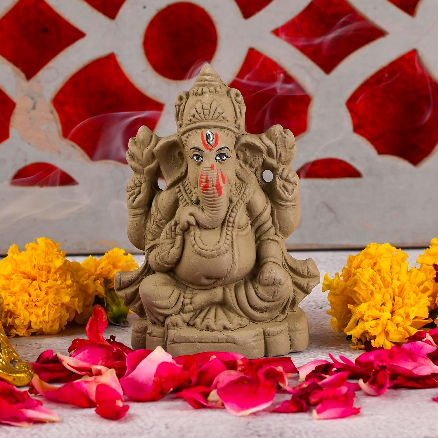 Pujahome Mitti Ganesh Idol | Eco-Friendly Mud/Clay 4 Bhuja Mukut Ganesh Murti | (4x3 Inches)