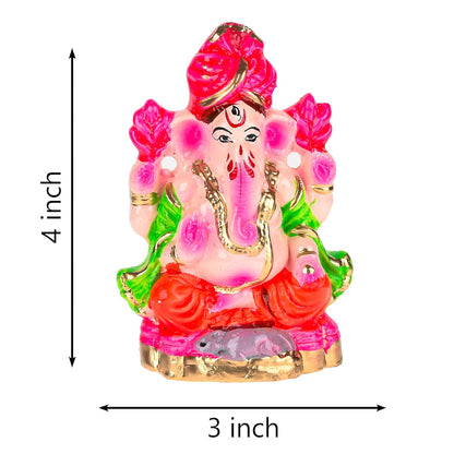 Pujahome Mitti Ganesh Idol | Eco-Friendly Mud/Clay 4 Bhuja Painted Colorful Ganesh Murti(4x3 Inches)