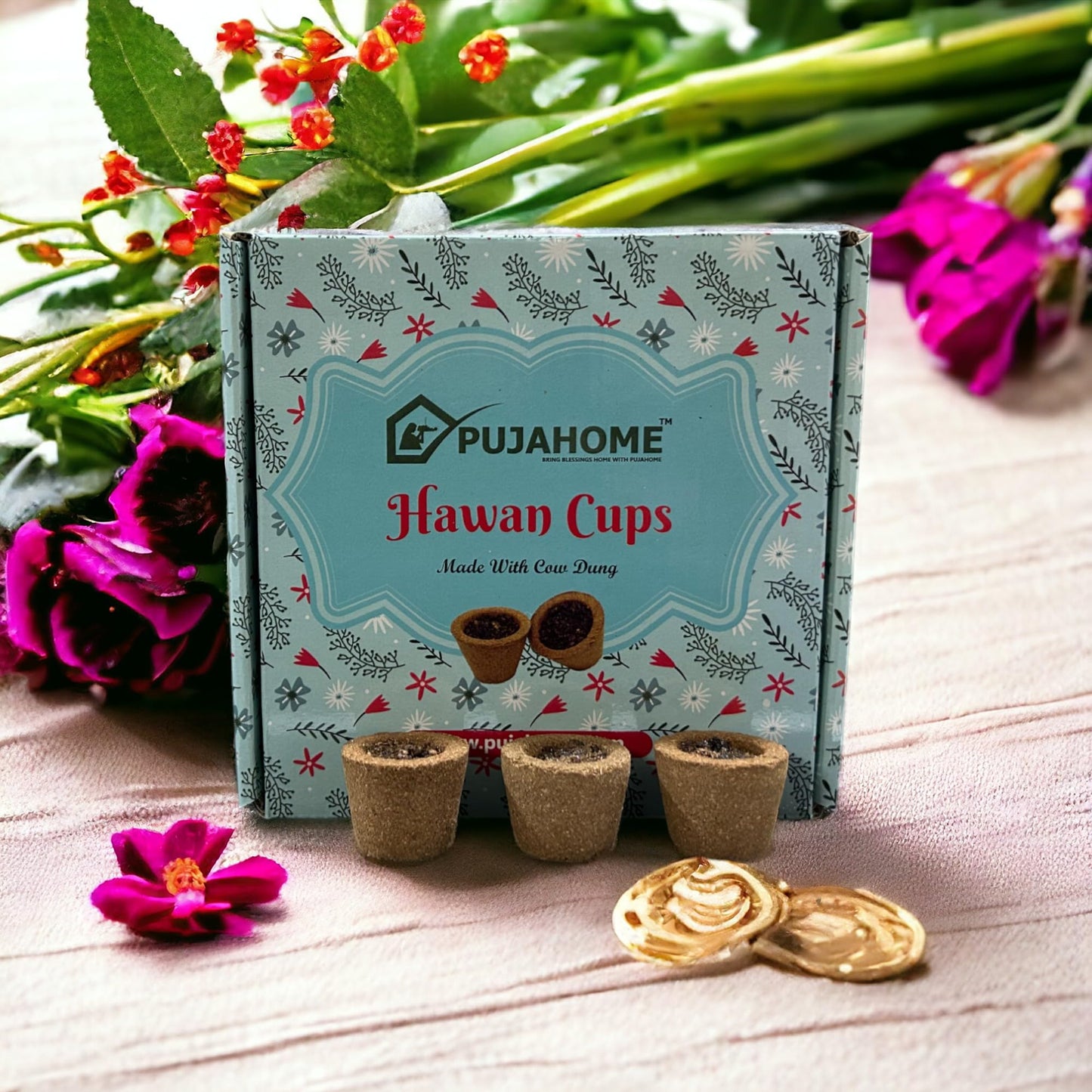 Pujahome Premium Loban/Guggal Fragrance Hawan Cups Made with Cow Dung (12 Cups Per Pack + Free Holder)