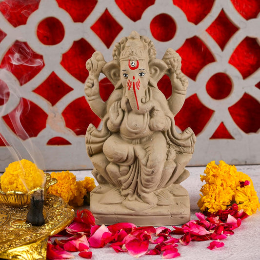 Pujahome Mitti Ganesh Idol | Eco-Friendly Handcrafted Mud/Clay Ganesh Murti (Lotus Ganesha)(4x3 Inches)