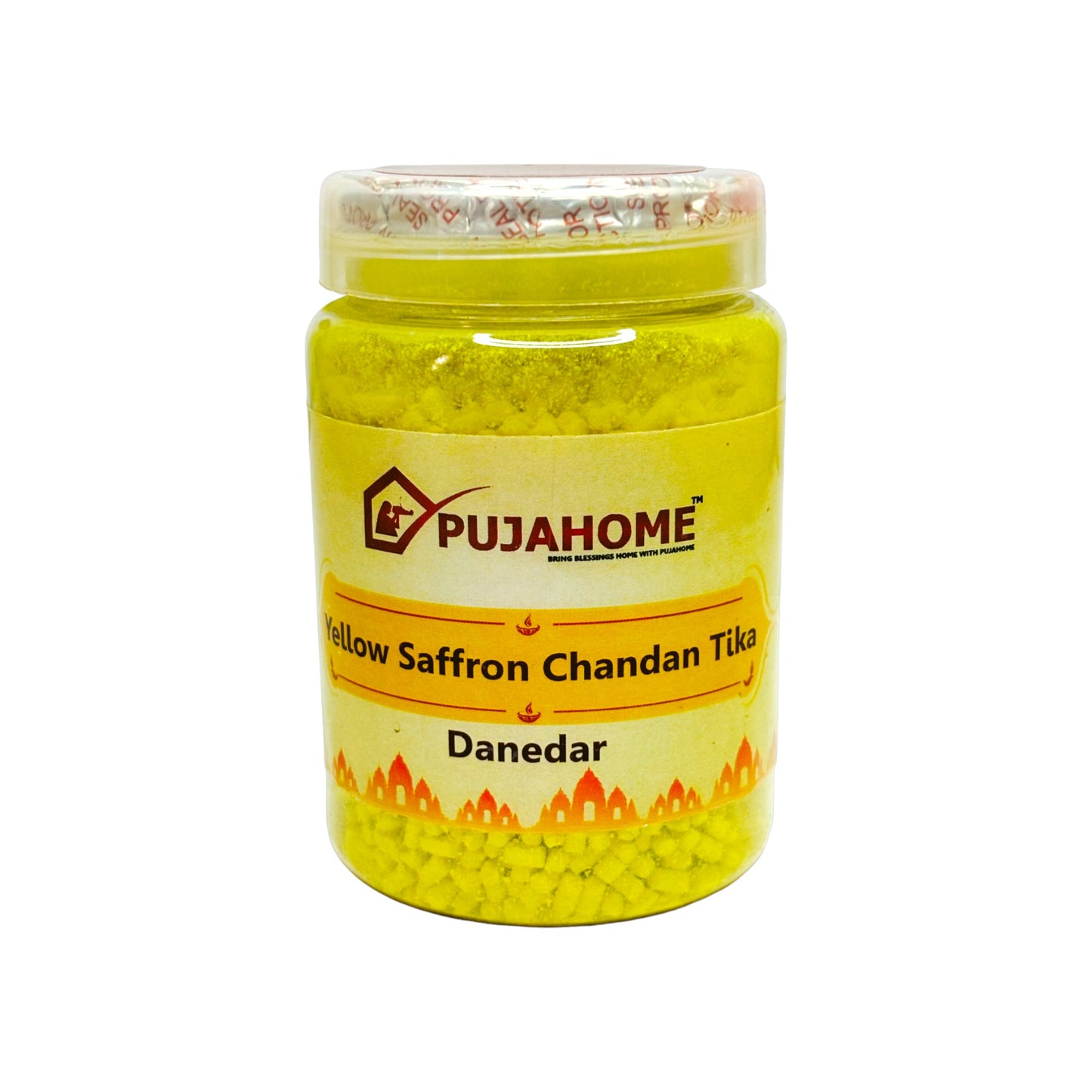 Pujahome Premium Yellow Saffron Chandan Tika Danedar 200 Gram Box