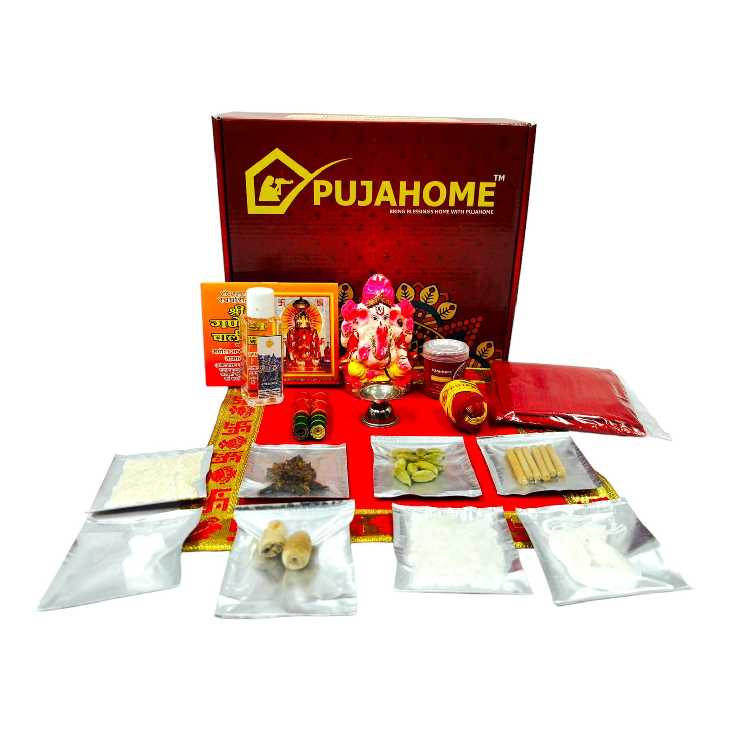 Pujahome Ganesh Puja Samagri Kit for Ganesh Chaturthi With Mitti(Painted Clay) Ganesh Murti(17 items)