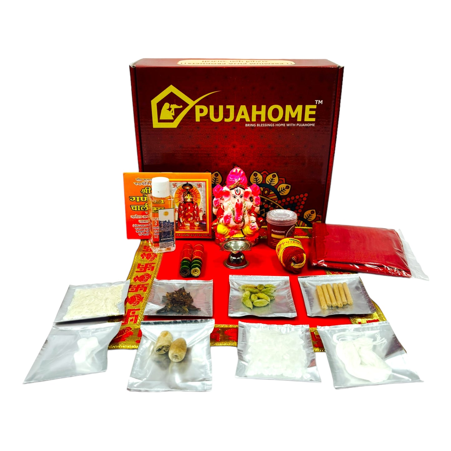 Pujahome Ganesh Puja Samagri Kit for Ganesh Chaturthi With Mitti(Painted Clay) Ganesh Murti(17 items)