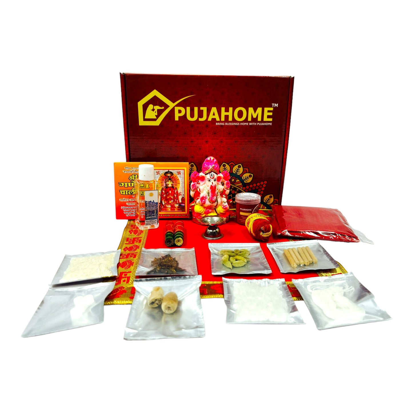 Pujahome Ganesh Puja Samagri Kit for Ganesh Chaturthi With Mitti(Painted Clay) Ganesh Murti(17 items)