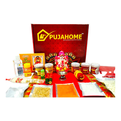 Pujahome Ganesh Puja Samagri Kit for Ganesh Chaturthi With Mitti(Painted Clay) Ganesh Murti(32 items)