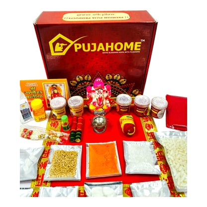 Pujahome Ganesh Puja Samagri Kit for Ganesh Chaturthi With Mitti(Painted Clay) Ganesh Murti(32 items)