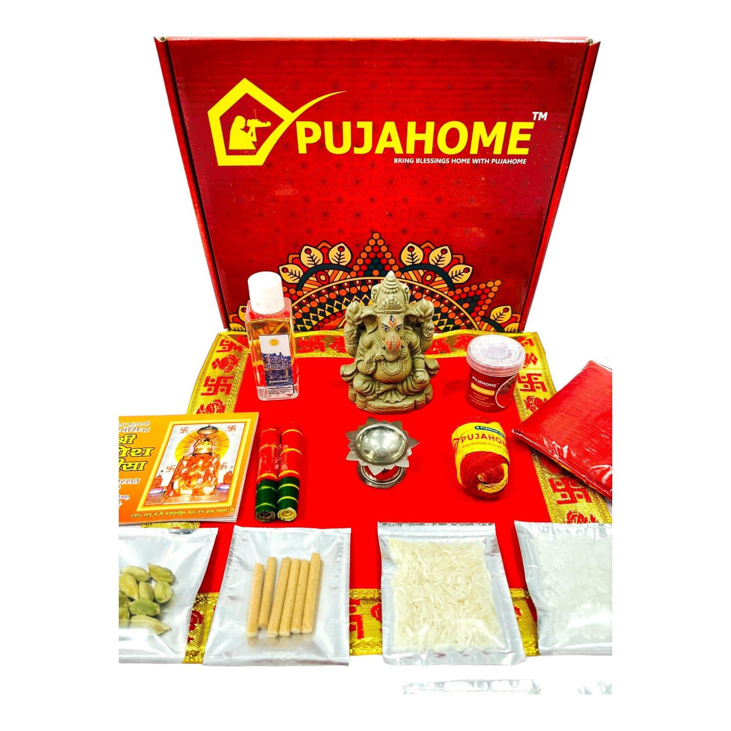 Pujahome Ganesh Puja Samagri Kit for Ganesh Chaturthi With Mitti(Clay) Ganesh Murti(17 items)