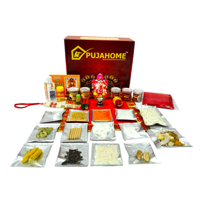 Pujahome Ganesh Puja Samagri Kit for Ganesh Chaturthi With Mitti(Painted Clay) Ganesh Murti(32 items)