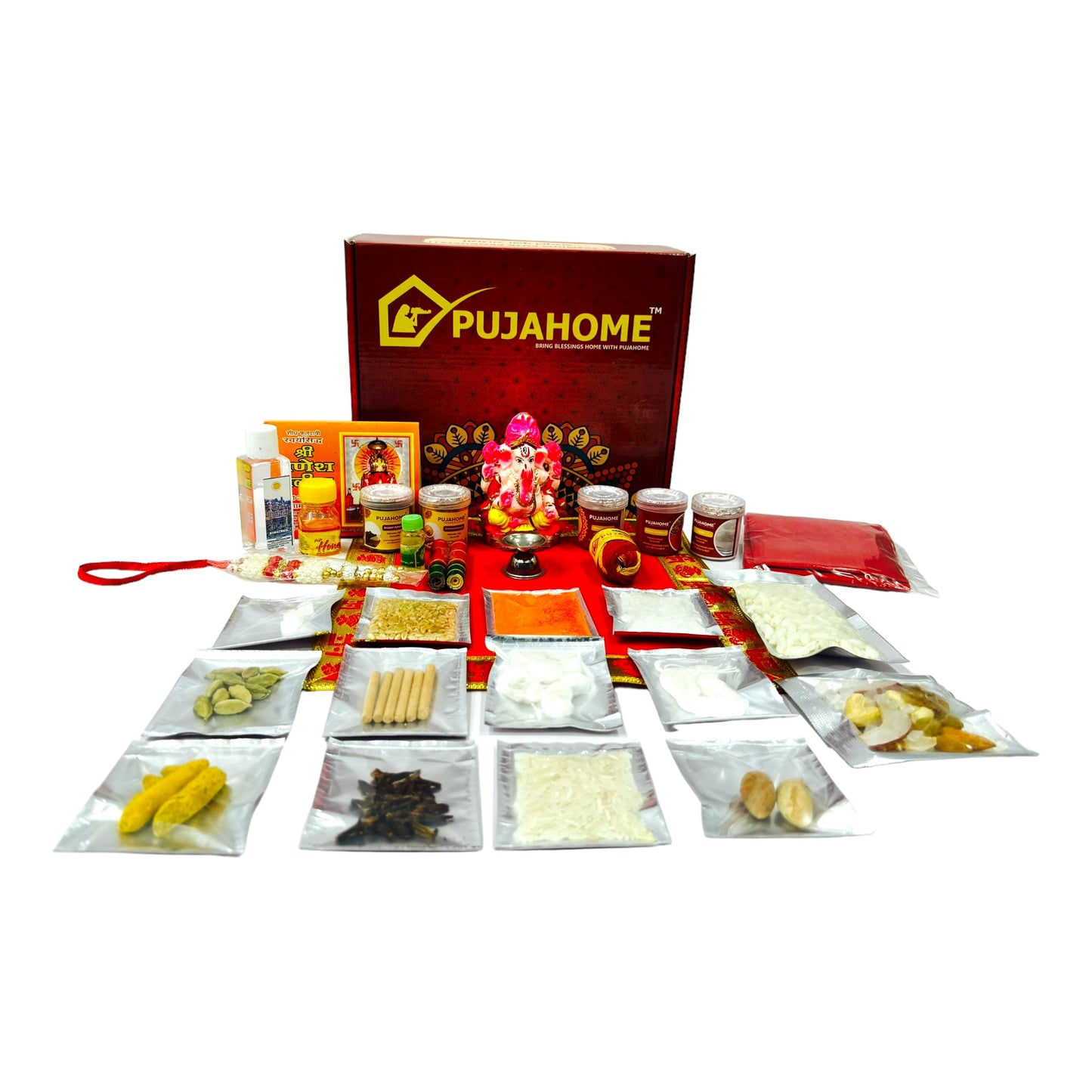 Pujahome Ganesh Puja Samagri Kit for Ganesh Chaturthi With Mitti(Painted Clay) Ganesh Murti(32 items)