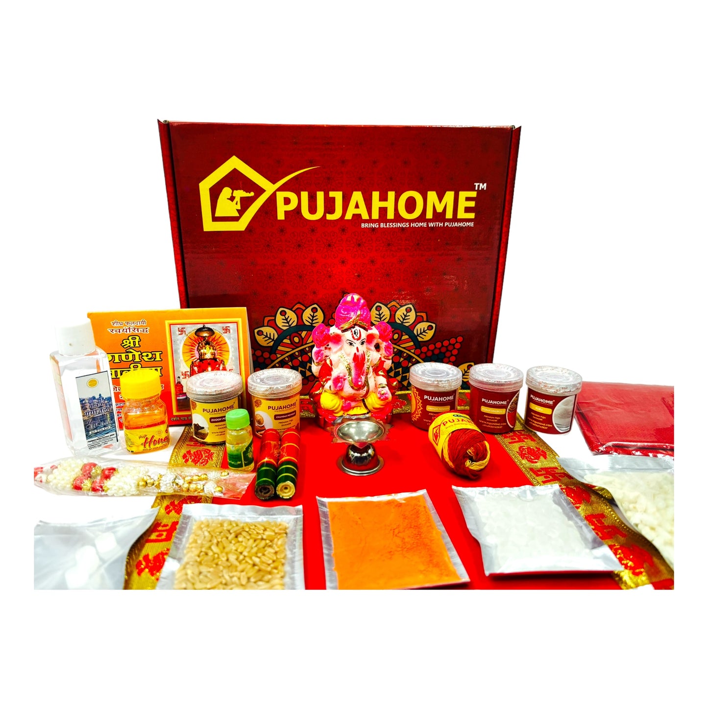 Pujahome Ganesh Puja Samagri Kit for Ganesh Chaturthi With Mitti(Painted Clay) Ganesh Murti(32 items)