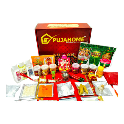 Pujahome Ganesh Puja Samagri Kit for Ganesh Chaturthi With Mitti(Painted Clay) Ganesh Murti(42 items)